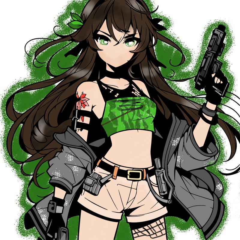 bad girl wearing crop top holding a gun long hair anime