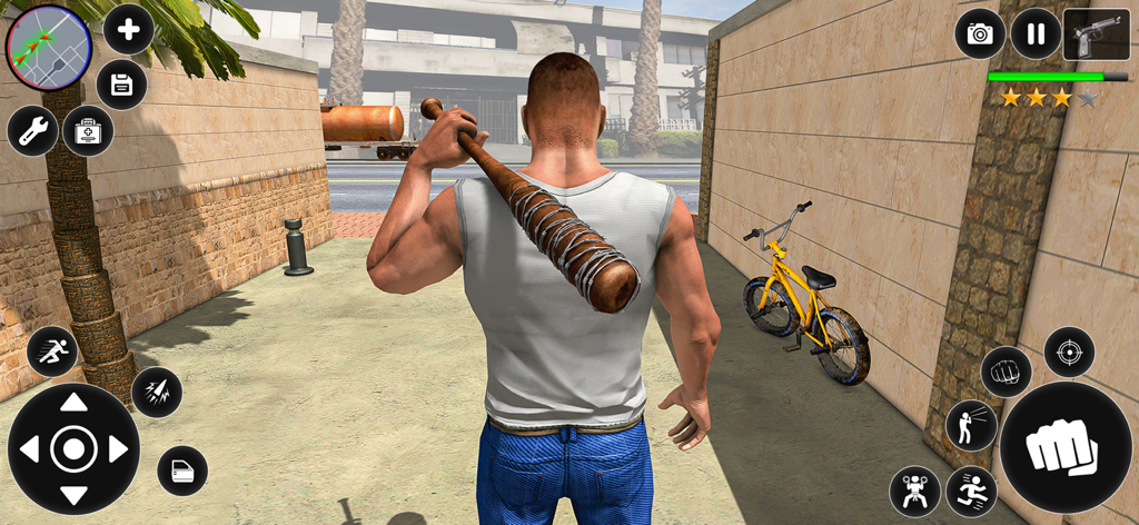 City Gangster Prison Escape - A muscular character holding a barbed wire bat in a city alleyway next to a yellow bicycle