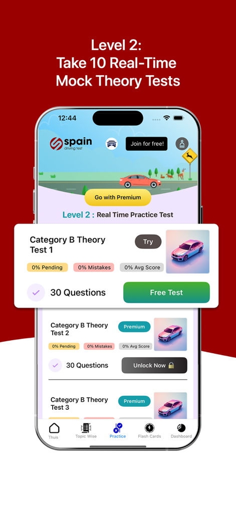 Real-time mock theory tests for the Spanish driving license exam