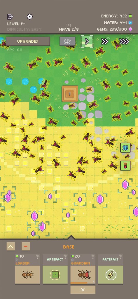 Ants vs Robots - Jugabilidad de Ants vs Robots mostrando una colonia de hormigas en arte pixelado y una interfaz de gestión de recursos.