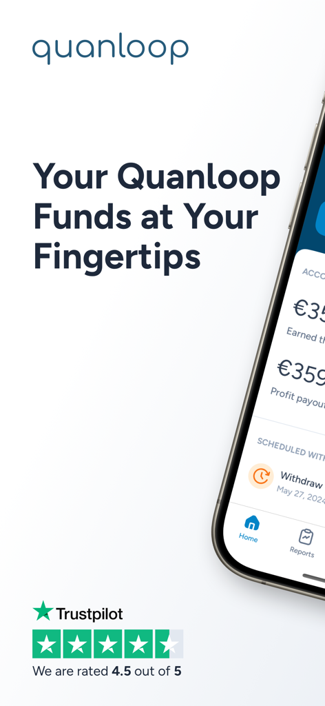 Application mobile Quanloop Funds montrant le portefeuille d'investissement et une note élevée sur Trustpilot