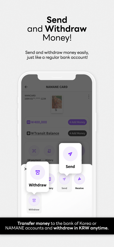 NAMANE: Pay & Transit card - NAMANE app screen showing options to send and withdraw money in South Korea