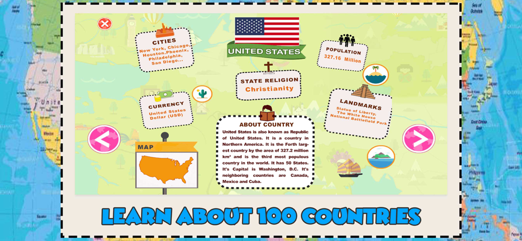 World Map Quiz Geography Games - Geography app screen showing United States map flag and country facts for kids