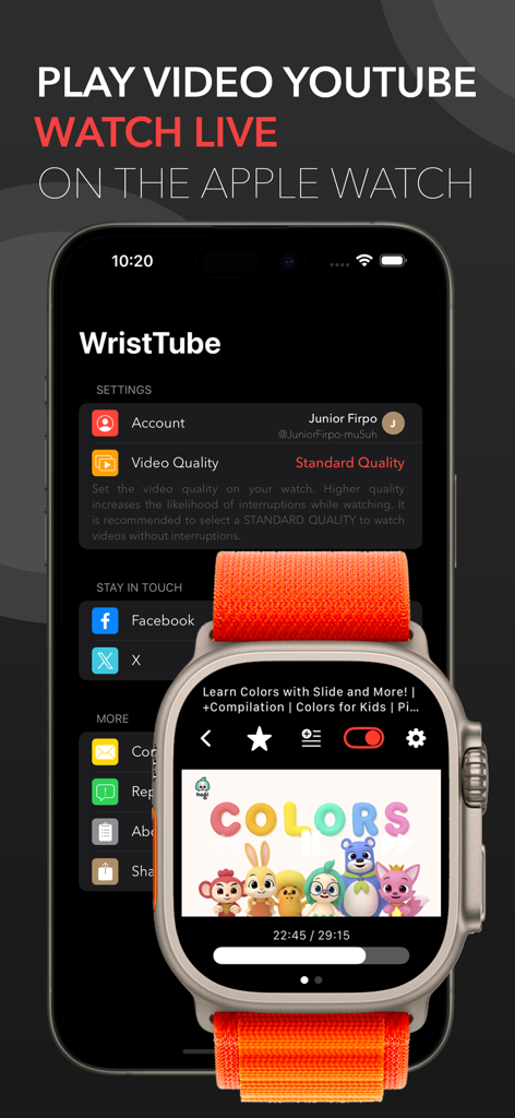 iPhone and Apple Watch displaying WristTube YouTube player interface