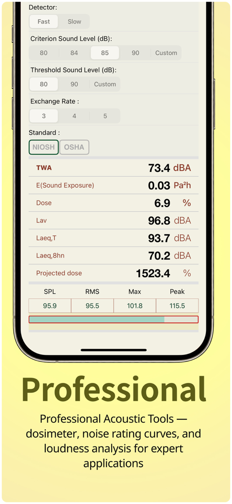 NoiseLab: Noise Meter,SLM,dB - Interface do aplicativo NoiseLab mostrando medições profissionais de dosímetro de ruído e padrões acústicos como NIOSH e OSHA.