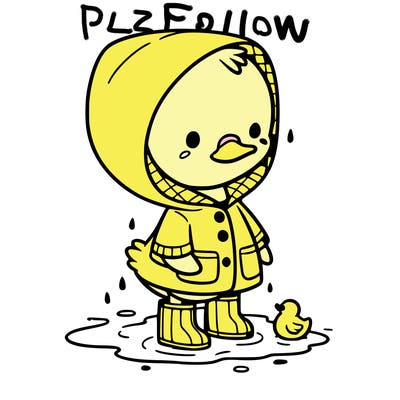 baby duck in a rain coat and boots, in a puddle while it’s raining