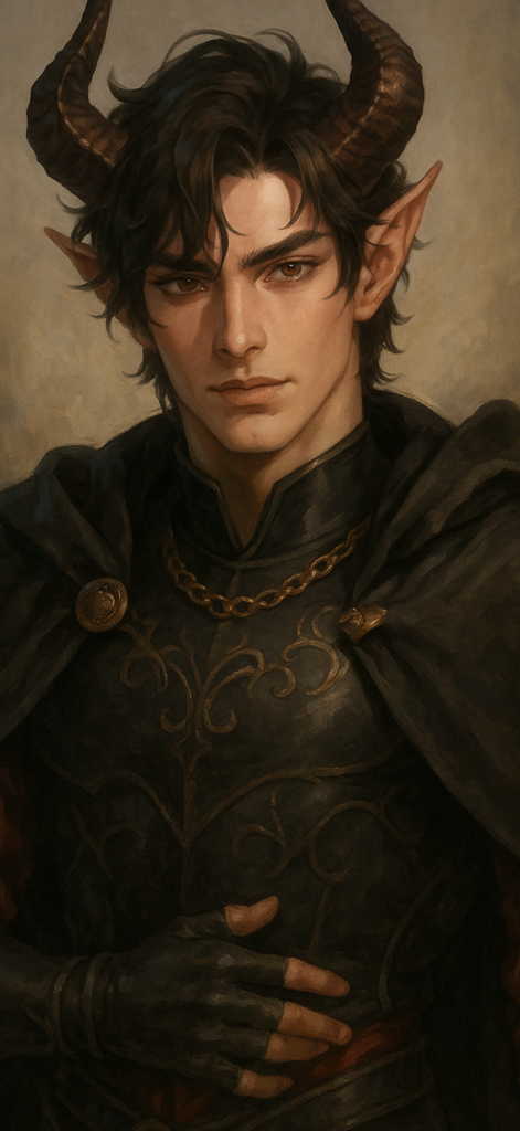 ArcanaAI: AI Roleplay Chat - A handsome fantasy character with horns and pointed ears wearing dark ornate armor in ArcanaAI.