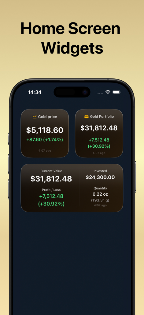 Gold Prices Tracker - iOS home screen widgets showing current gold price and investment portfolio value