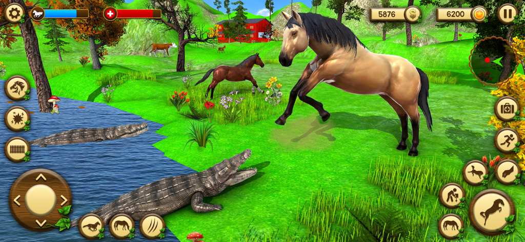 Wild Horses Game: Horse Sim 3D - Gameplay screenshot of Wild Horses Game Horse Sim 3D showing a wild horse in a lush field near crocodiles and a farmhouse.
