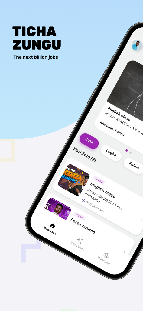 Ticha Zungu - Dashboard dell'app Ticha Zungu che mostra i corsi di sviluppo professionale disponibili come inglese e Forex.