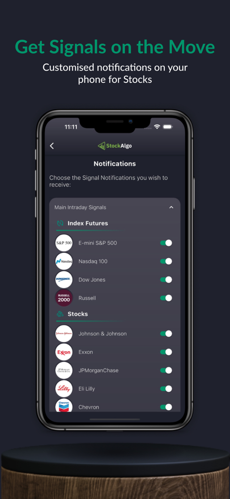StockAlgo Trading Signals - 주식 및 지수 거래 신호에 대한 StockAlgo 앱 알림 설정을 보여주는 모바일 화면