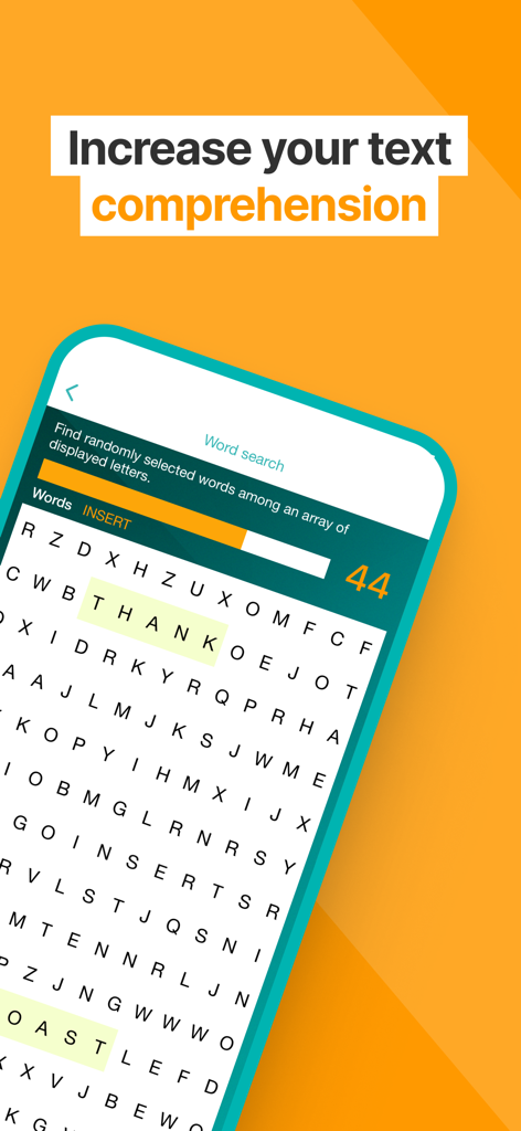 Un ejercicio de búsqueda de palabras dentro de la aplicación Reading Trainer diseñado para mejorar la comprensión de textos.