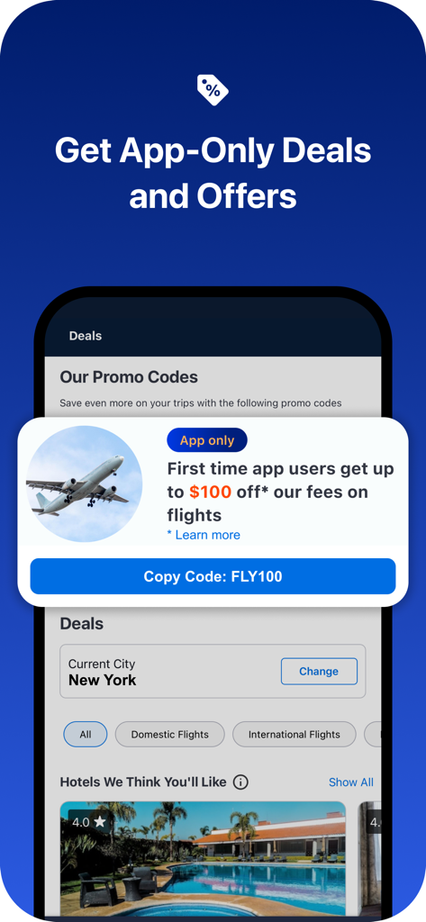 CheapOair app interface showing a promo code offer of up to one hundred dollars off for first time users