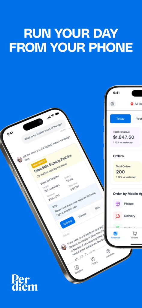 Per Diem (Merchant) - Per Diem Merchant app interface showing business revenue and sales analytics on a smartphone