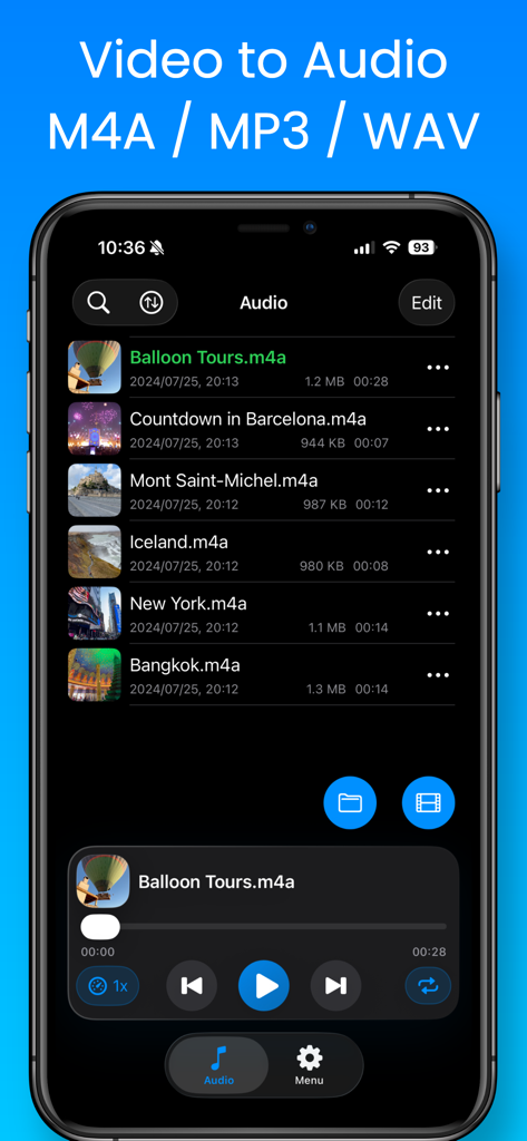 Video to MP3 & Vocal Remover - Library interface of the Video to MP3 app displaying a list of extracted audio files and a built-in player