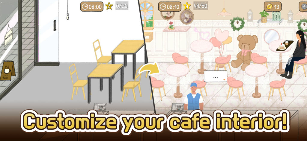 Tiny Coffee Shop Story - Before and after comparison showing a plain cafe transformed into a decorated cozy coffee shop