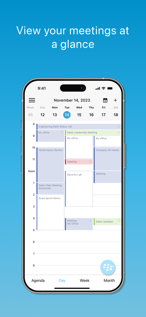 BlackBerry Work app calendar interface showing a daily meeting schedule on an iPhone.