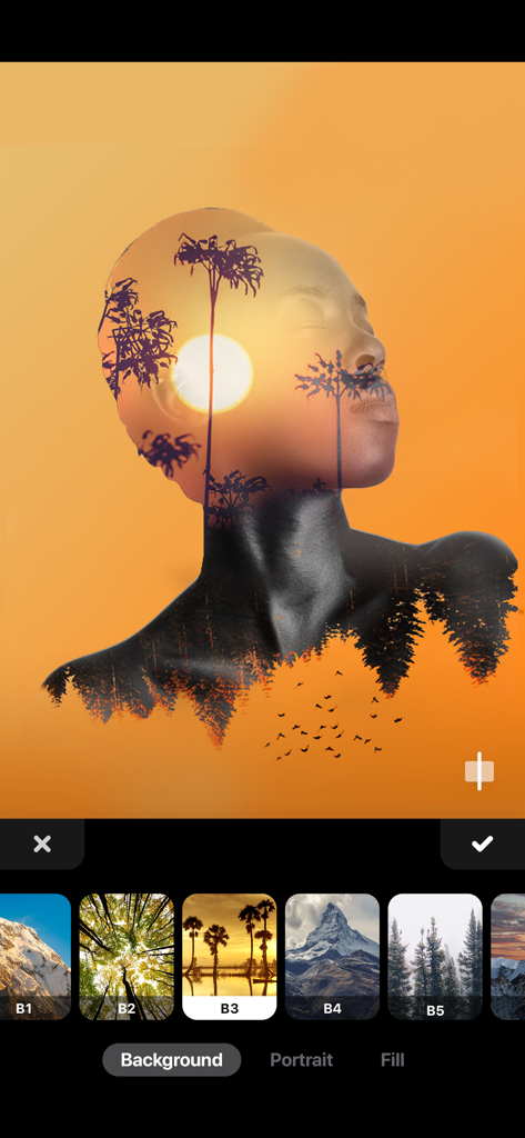 Object Remover by Touch Up - Oberfläche zur Bearbeitung von Doppelbelichtungsfotos, die eine Sonnenuntergangslandschaft über dem Profil einer Frau zeigt.