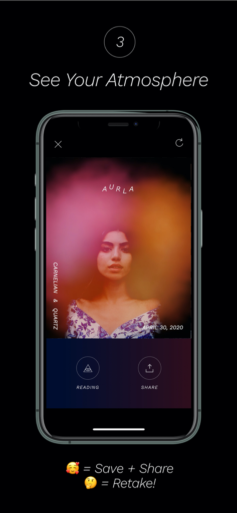 AURLA: Aura Photos & Readings - Schermata di uno smartphone che mostra un ritratto aura con nuvole colorate e opzioni di lettura