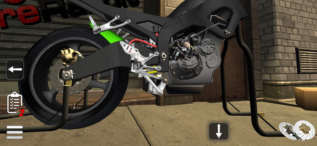 Fix My Car: Premium - A close up of a motorcycle engine and rear wheel being repaired in the Fix My Car Premium simulator game.