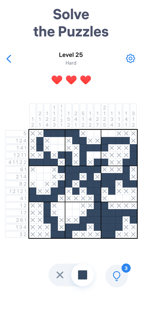 A Nonogram game screen showing a hard level puzzle grid with numerical clues and three lives remaining