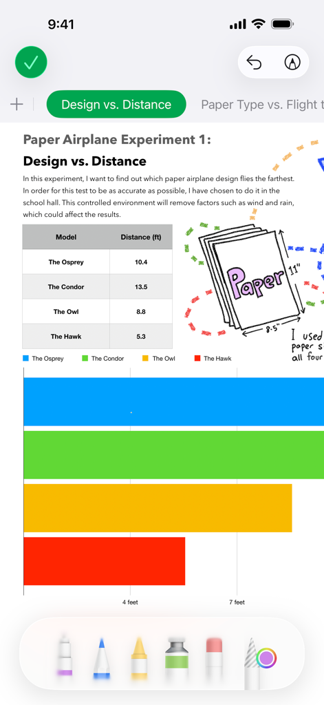 Numbers: Make Spreadsheets - A visual spreadsheet in Apple Numbers showing a paper airplane experiment with a data table, colorful bar chart, and hand-drawn sketches.