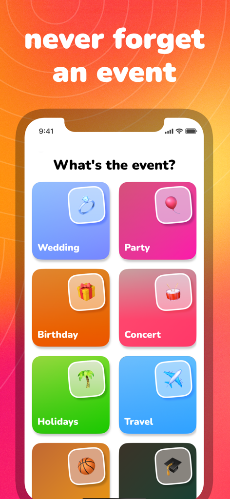 Countly: Countdown, Date Timer - Countly app interface showing colorful tiles for tracking events like weddings parties and birthdays