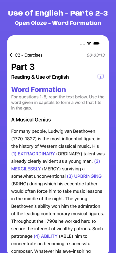 Simulatore d'Esame Cambridge C2 che mostra un esercizio di Word Formation nella Parte 3 della sezione Reading and Use of English
