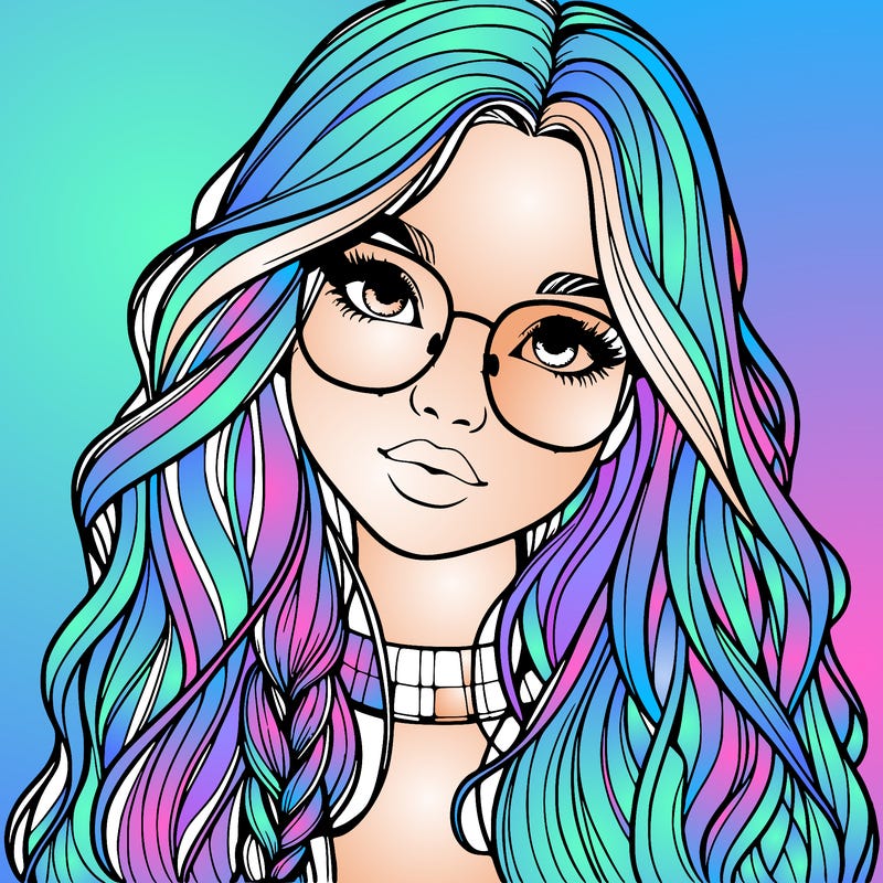 girl with long hair and freckles and glasses realistic