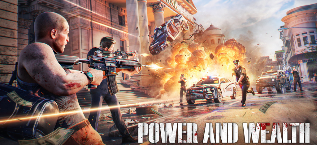 Mafia City: War of Underworld - Escena de acción de Mafia City que muestra un tiroteo entre criminales y policías durante un atraco bancario.