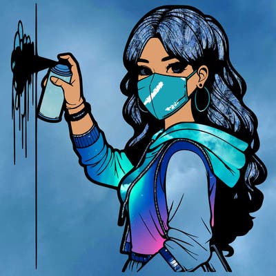 realistic girl with mask spray painting a wall