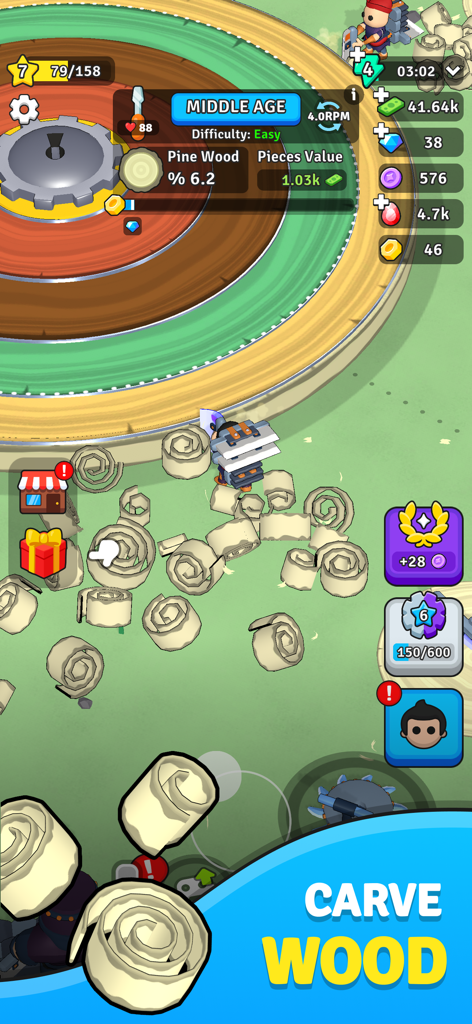 Carve Quest - Gameplay screenshot of Carve Quest showing wood carving in the Middle Age era with wood shavings on the ground