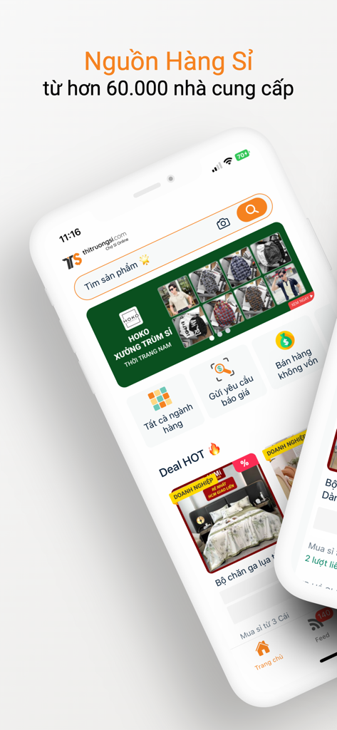 Thitruongsi - B2B Marketplace - Home screen of Thitruongsi B2B Marketplace app showcasing wholesale suppliers and product categories