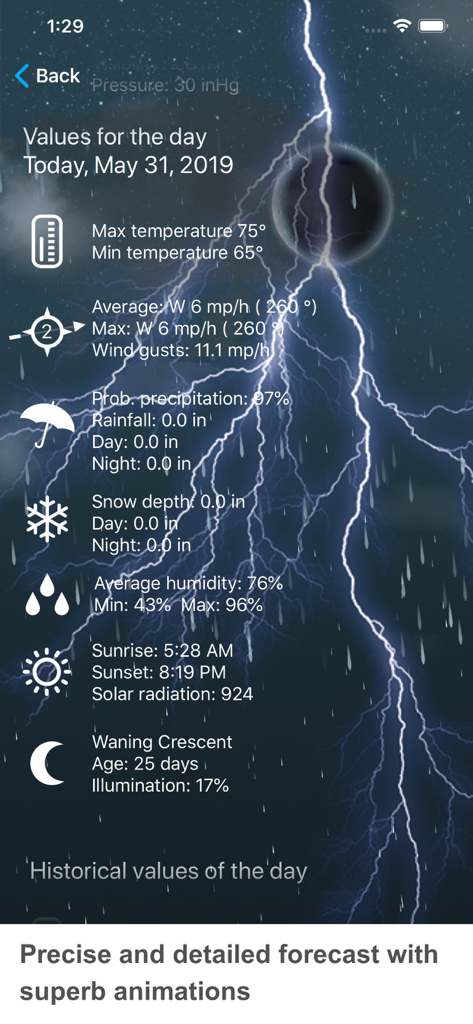 Données météorologiques quotidiennes détaillées, incluant la température et le vent, avec des animations de tempête réalistes dans Weather XL PRO