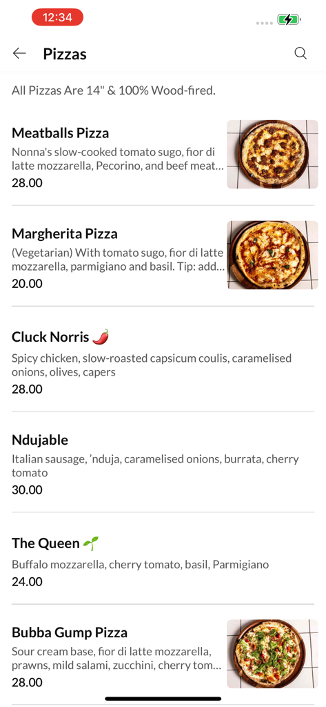 Mobile menu screen for Love Street Pizza displaying a variety of 14-inch wood-fired pizzas with photos and prices