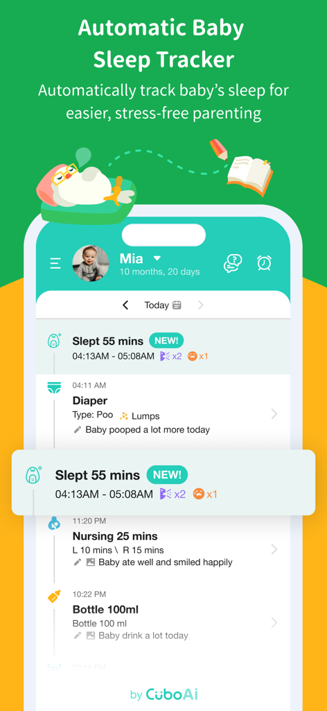 Baby Diary Tracker Log -CuboAi - Interface of the CuboAi Baby Diary app displaying an automatic baby sleep tracker and a daily activity timeline.