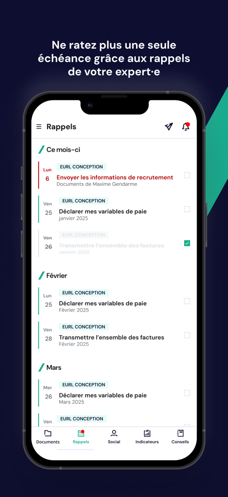 RYDGE Conseil app interface showing a checklist of business deadlines for payroll and document submission