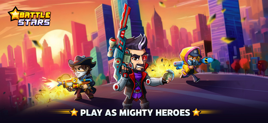 Battle Stars: 4v4 TDM & BR - Drei stilisierte Heldencharaktere mit Waffen aus dem Handyspiel Battle Stars in einer Stadtszenerie mit dem Text Spiele als mächtige Helden