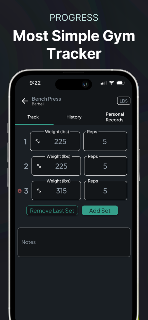 Checkin: Fitness Tracker Game - Screenshot of the Checkin app showing a weightlifting tracker for bench press with sets weight and reps