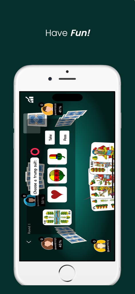Bela - Belote Online - Mobile screen of Bela Belote Online showing a card game match with a prompt to choose a trump suit.