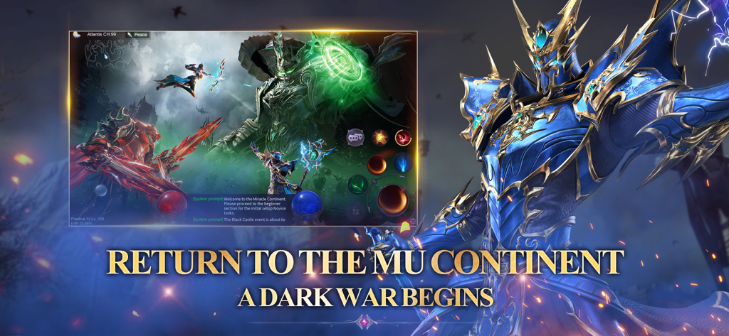 MU: Dark Awakening - Guerrier en armure bleue et scène de jeu de MU Dark Awakening avec un thème de dark fantasy
