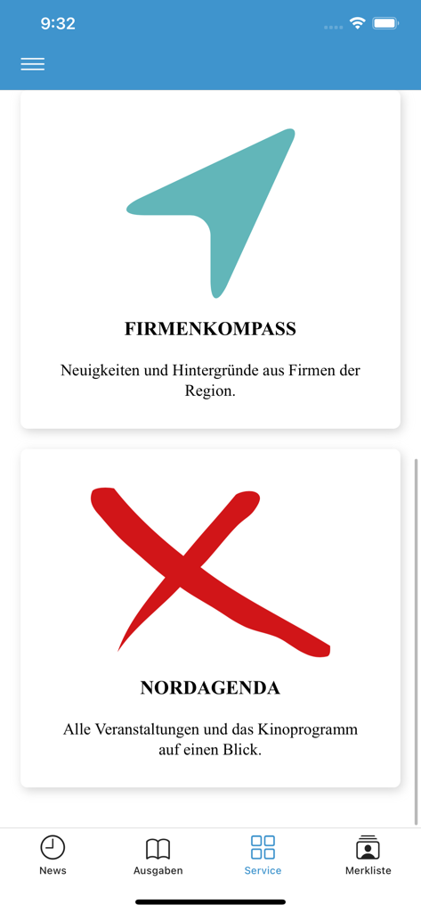 Menu de serviços do aplicativo Schaffhauser Nachrichten mostrando seções de notícias de negócios locais e agenda de eventos