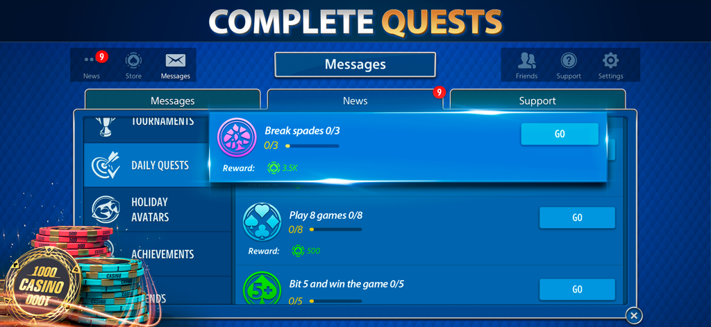Spades by Pokerist - Écran des quêtes quotidiennes dans Spades by Pokerist montrant les récompenses pour l'accomplissement des tâches du jeu de cartes.