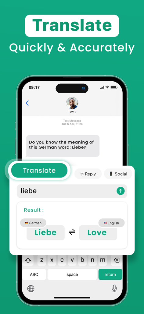 AI Keyboard - Grammar Check - AI Keyboard app interface showing German to English translation for the word Liebe