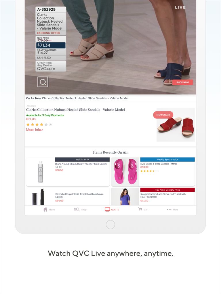 QVC for Tablet (US) - QVC Tablet App-Oberfläche mit Live-Shopping-Video und Produktlisten
