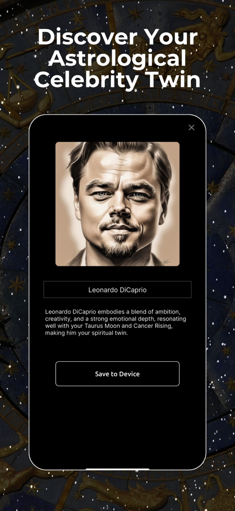 Soul - Call the Universe - Pantalla de la aplicación Soul que muestra a Leonardo DiCaprio como un doble famoso astrológico