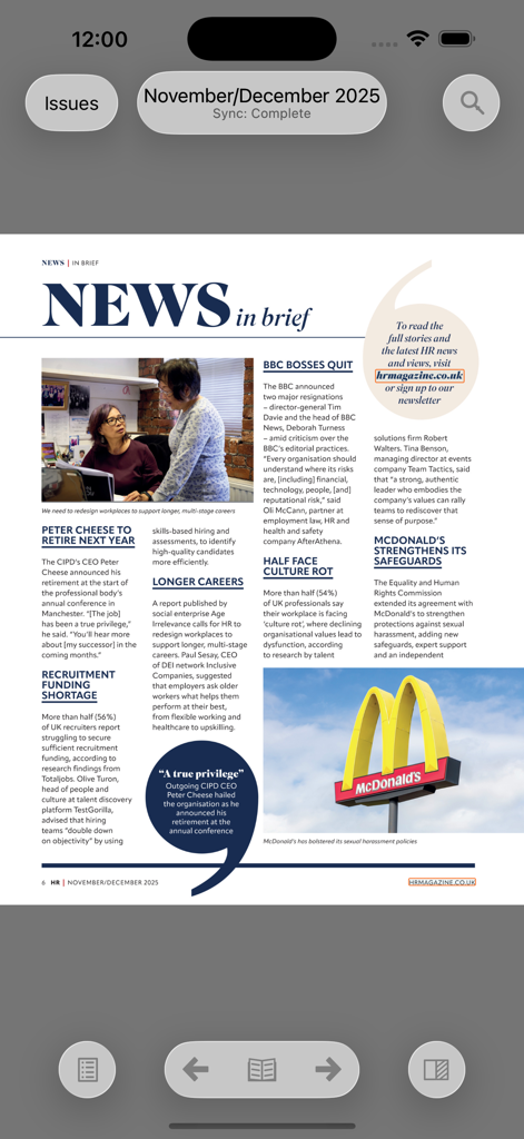 Digital version of HR Magazine showing news articles about leadership and human resources