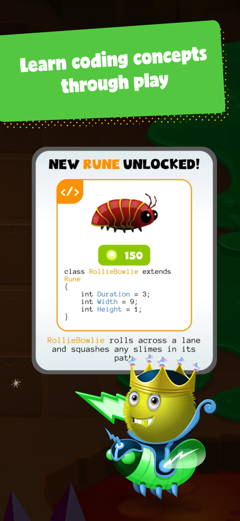 Bug World by Kodable - A screenshot of the Bug World by Kodable app showing a new rune unlocked with simplified JavaScript code concepts for kids.