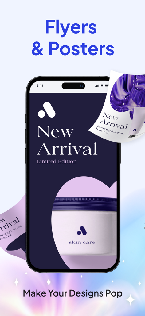 A smartphone screen showing a professional skincare flyer design created with the Fluer AI design app