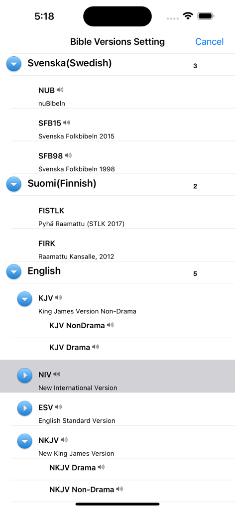 Swedish Finnish English Bible - A list of Swedish, Finnish, and English Bible translations in the app settings.